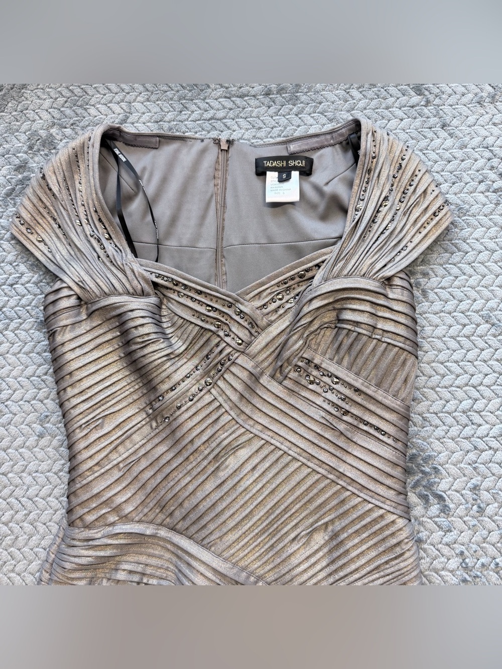 Tadashi Shoji Metallic Bronze Pintuck Bandage Dress with Embellishments Size Sma - Picture 4 of 15